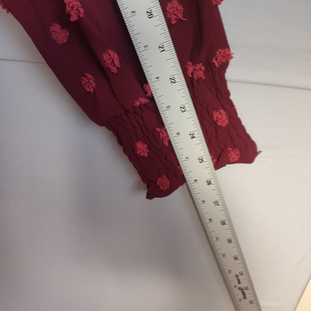 B Brand Womens XL Burgundy Swiss Dot Long Sleeve Smocked Cuff V-Neck Blouse Top - Picture 7 of 8